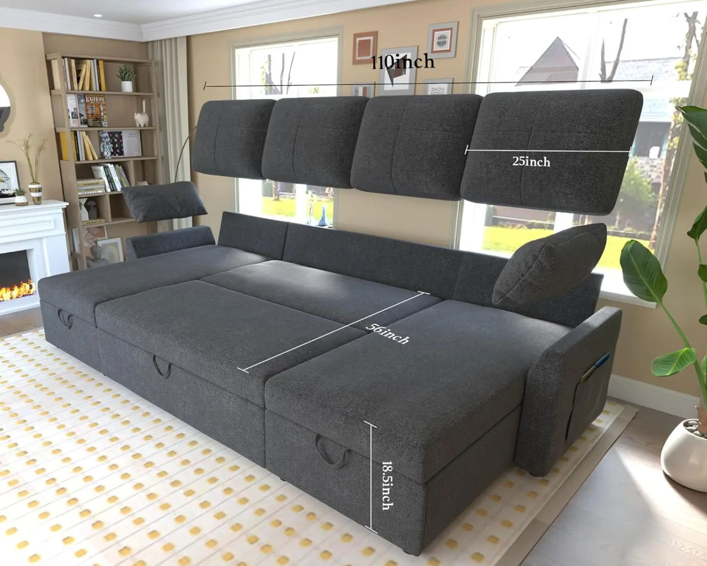 Description Picture 6 of itemSleeper Sofa 110 inch Oversize 2 in 1 Pull Out Bed Sectional Sleeper Sofa with Double Storage Chaise for Living Room Grey