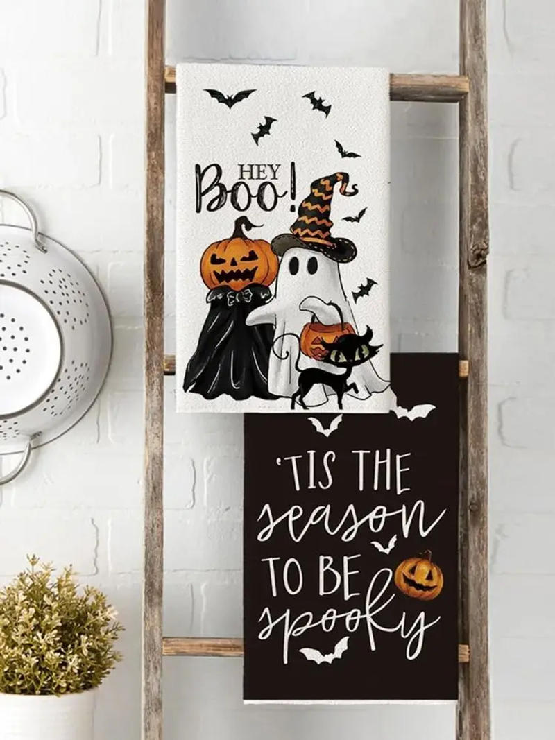 Description Picture 5 of item2PC Halloween Festival Ghost Pumpkins Bats Cat Kitchen Dish Seasonal Hand Towel For Party Decoration Supplies Decor Favors Gifts