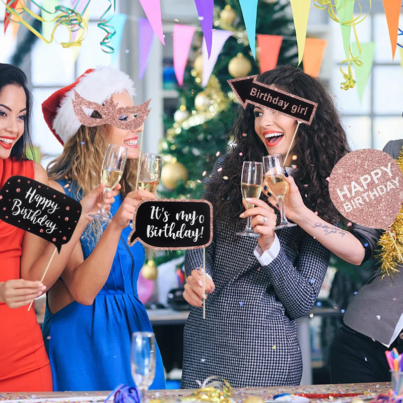 Description Picture 5 of item30/26pcs Birthday Photo Booth Props Glitter Mask Hat Mustache Lip PhotoBooth Props for Adult Men Women Birthday Party Decoration