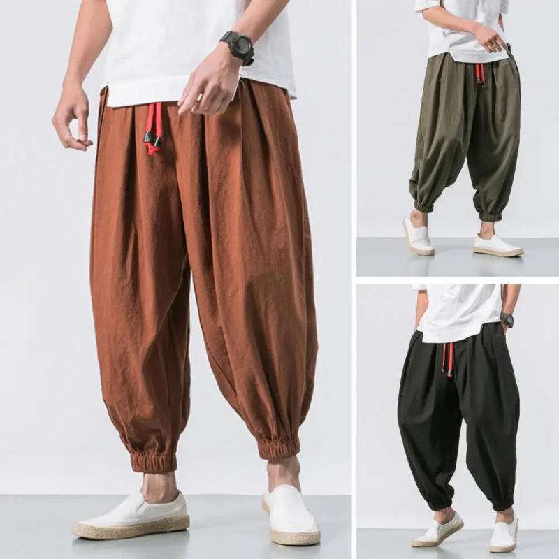 Description Picture 4 of itemMen Harem Pants Elastic Drawstring Waistband Long Pants Chinese Style Side Pockets Retro Bloomers Streetwear