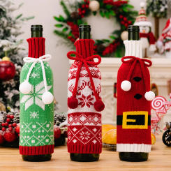Christmas Knitted Wine Bottle Cover Pompom Bow Decor Santa Costume Snowflake Pattern Wine Bottle Bag Xmas Dinner Table Decor
