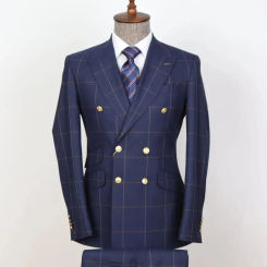 Gentle New Arrival Men Suit Tailor-Made 2 Pieces Plaid Gold Buttons Blazer Pants Double Breasted Wedding Groom Prom Tailored
