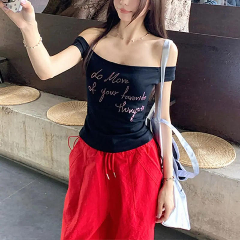 Description Picture 5 of itemStylish Ins Off Shoulder Crop Top Slim Fit Sweet Rhinestone T-shirt Female Clothing Bottoming Shirt Women Summer