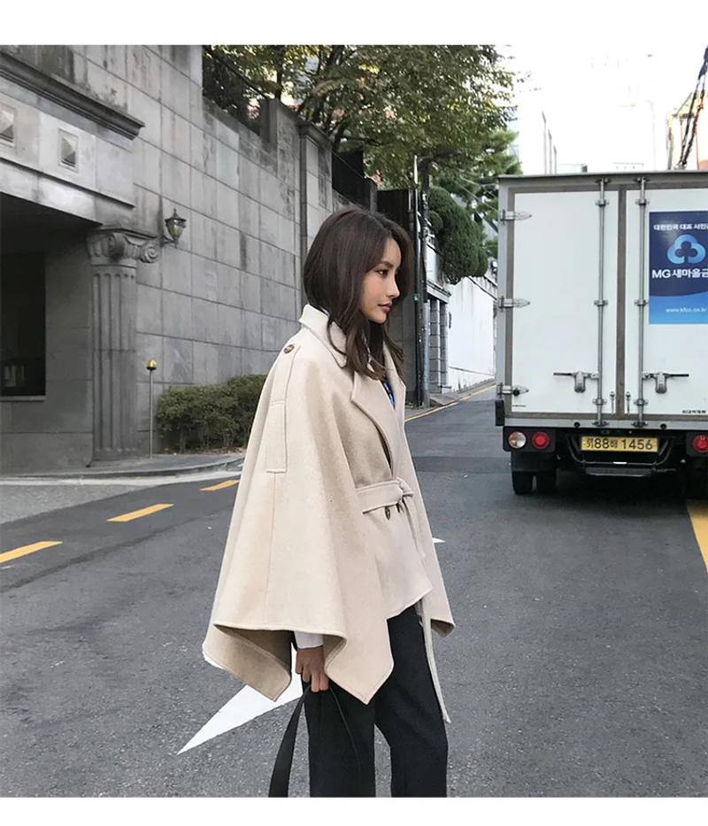 Description Picture 4 of itemWomen Woolen Oversize Warm Turn-down Neck Thicken Poncho Cloak Knitted Blends Short Cardigan Cape Outstreet Overcoat With Belt