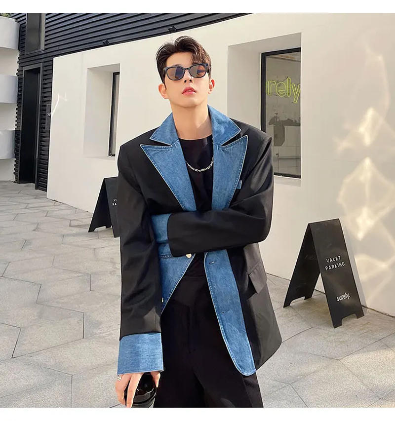 Description Picture 3 of itemLUZHEN Trendy Denim Splicing Design Blazer Coat Men's Original High Street Color Contrast Stylish Jacket Korean 2024 New B0af0f