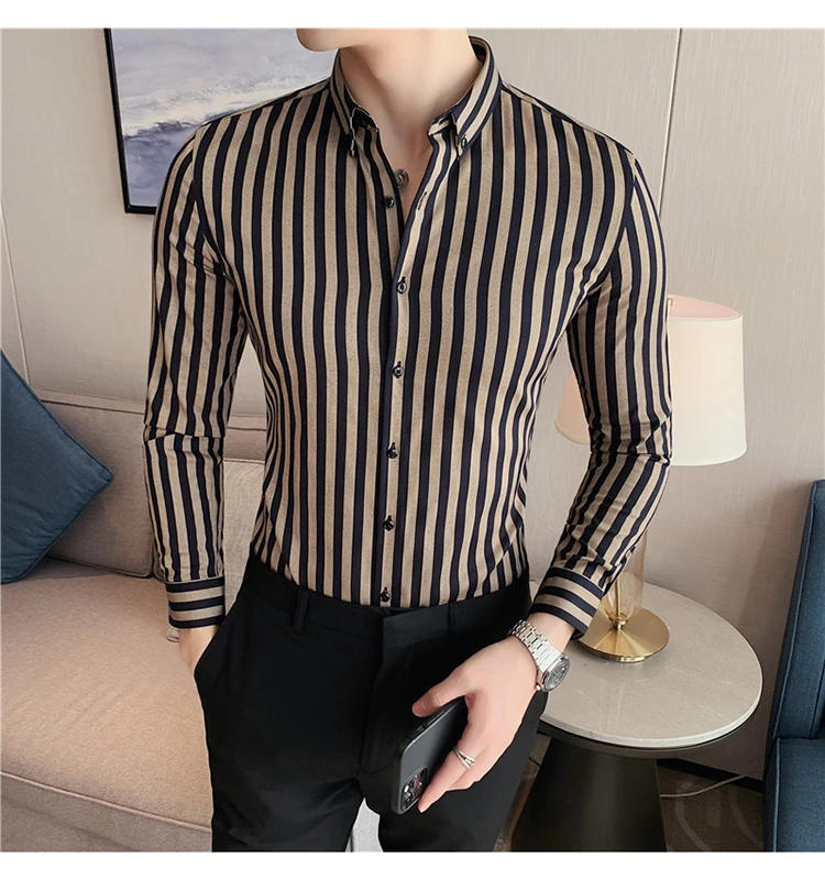 Description Picture 3 of item2024 Masculina Spring Shirts Men Dress Vertical Stripe Streetwear Slim Men Shirt Casual Long Sleeve Chemise Homme Tuxedo Shirt