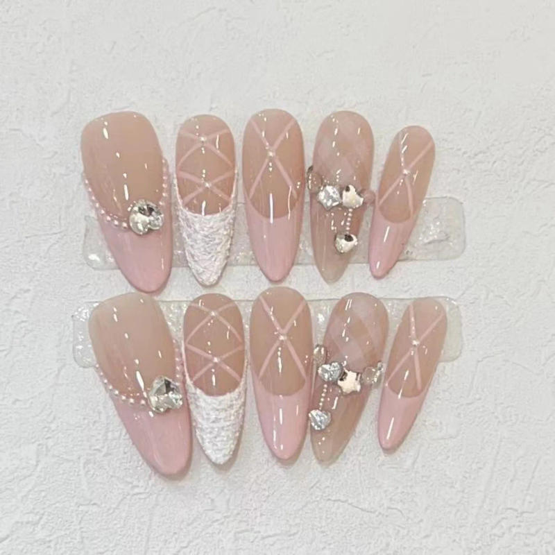 Description Picture 4 of item10Pcs Long Almond Handmade Press on Nails Fake Nails with Rhinestone Wearable Stick-on Nails False Nail Накладные Ногти Uñas