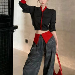 Patchwork Stripe Straight-leg Pants for Women Pantalon Femme High Waist Casual Fashion Drawstring Trousers New Bottms