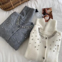 Charming Diamond Inlaid Knitted Cardigan 2024 New Autumn/Winter Women's Round Neck Long Sleeve Sweater Fashion Elegant Jacket
