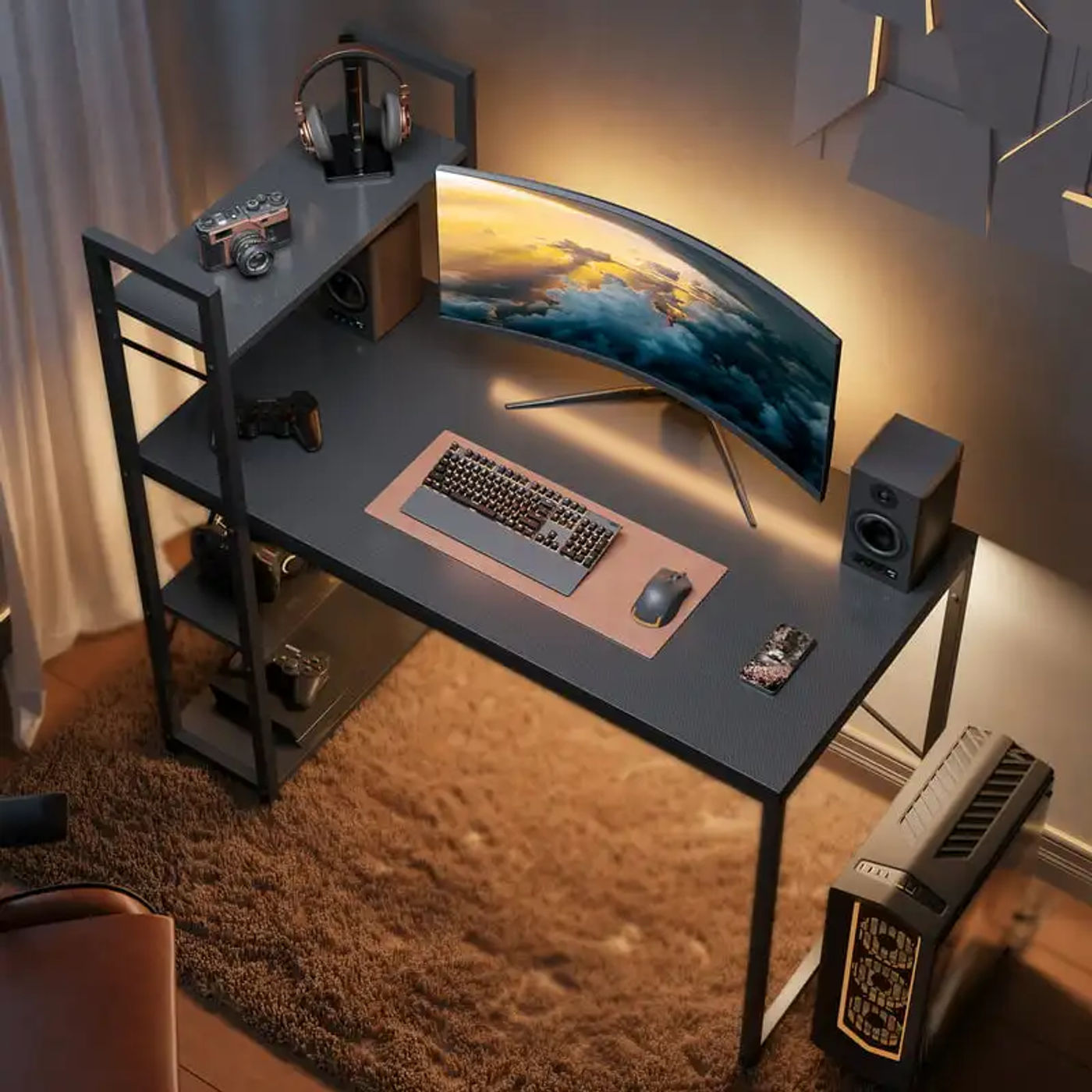 Description Picture 4 of itemInch Computer Gaming Desk with Shelves Black Carbon Fiber