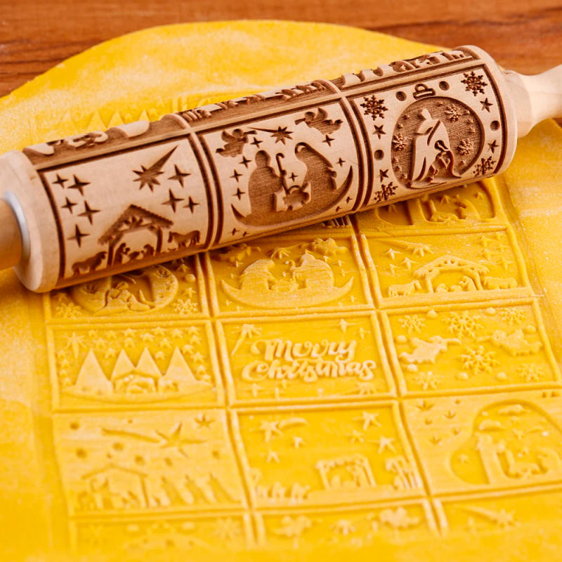 Description Picture 4 of item35X4.5CM 9 Grids Christmas Jesus Snowflake Angel Deep Engraved Wooden Embossed Cookies Rolling Pin for Baking 3D Mold