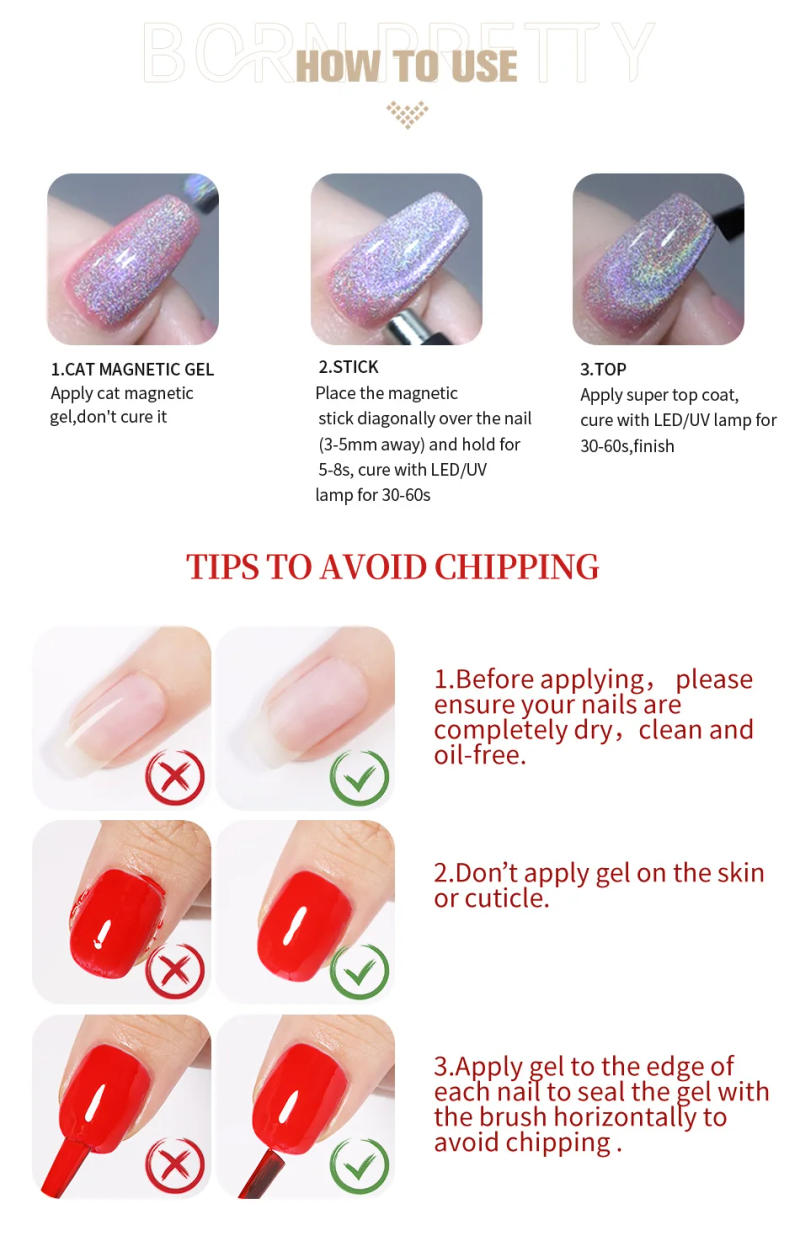 Description Picture 6 of itemBORN PRETTY 10ml Rainbow Purple Water Light Cat Magnetic Gel Nail Polish Shining Super Sliver-light Holographics Soak Off UV Gel