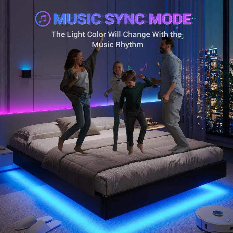 Description Picture 5 of itemFloating Bed Frame with LED Lights Modern Upholstered Platform Bed Frame no Headboard Faux Leather Queen Led Visual Floating Bed