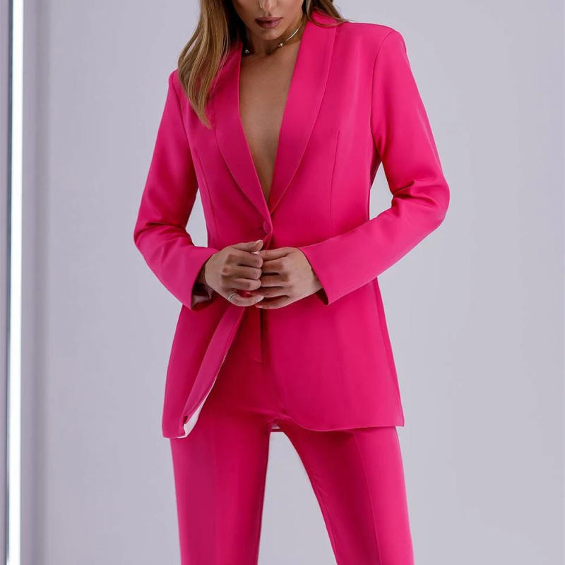 Description Picture 4 of item2024 Hot Pink Solid 2-Piece Suits For Women Fashion Outfit Smart Business Wedding Guest Female 2 piece Set Jacket Pants