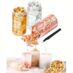 Gold Foil Flakes Set Tweezers 3 Bottles Metallic Foil Flakes for Candle Resin Nails Painting Art Crafts Silver, Copper