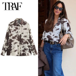 TRAF Women's Shirt Animal Printed Shirts & Blouses Spring Satin Oversized Long Sleeve Blouses Chic Tie Dye Button Up Shirts 2025