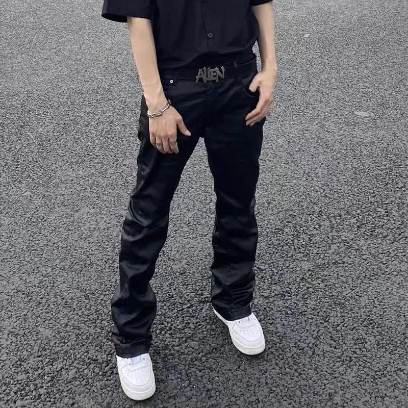 Description Picture 3 of itemStreetwear Black Wax Pu Leather Pants for Men Straight Pantalones Hombre Baggy Y2k Cargo Trousers Oversized Casual Overalls