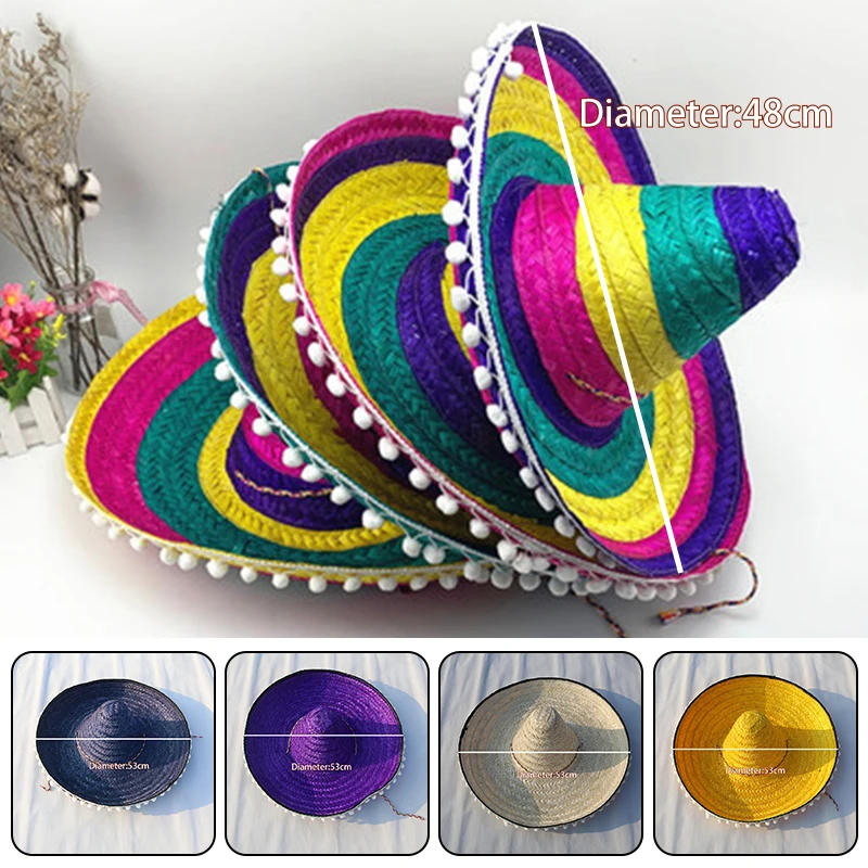 Description Picture 2 of itemMexican Party Hat Men Women Wide Brim Straw Hats Kids Adult Outdoor Decorative Colorful Edges Hats Creative Fashion Sombrero