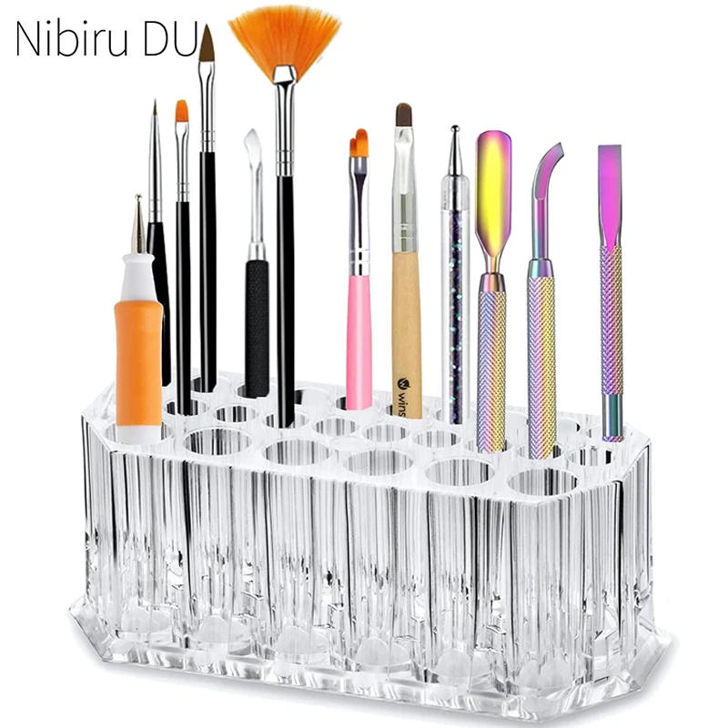 Description Picture 2 of item26 Holes Acrylic Nail Brushes Organizer Nail Art Kit Storage Tools Makeup Cosmetics Pen Display Case Holder Holder Showing Shelf