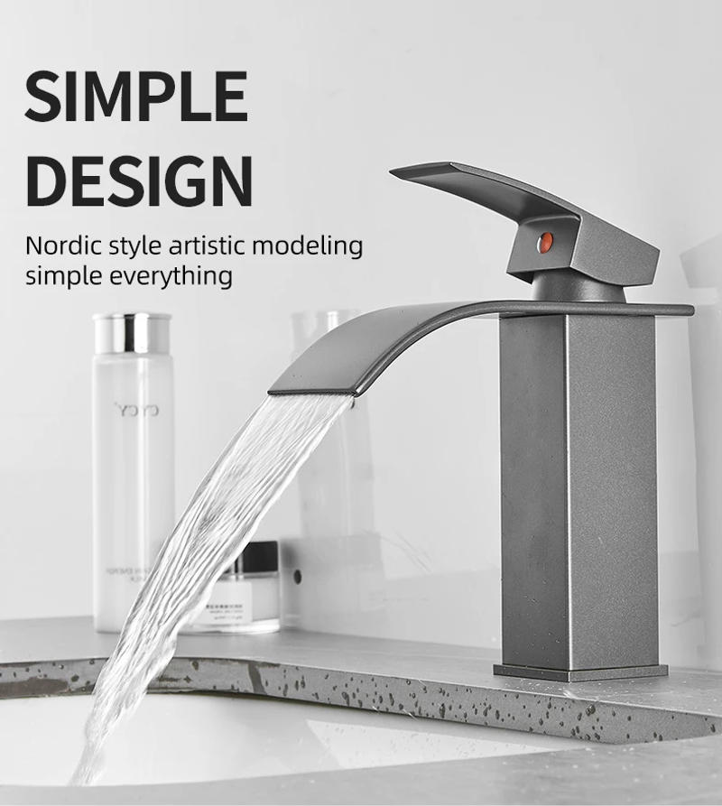 Description Picture 5 of itemBathroom Faucet Basin Hot And Cold Water Mixer Vanity Tap Gun Grey Finish Deck Mount Sink Mixer Waterfall Washbasin Tap