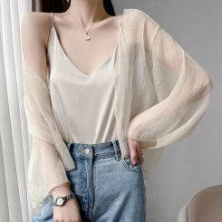 Chiffon Gauze Women's Cardigan New In 2025 Summer See Through Lady's Sunscreen Coats & Jackets Matching Flare Sleeve Crop Top