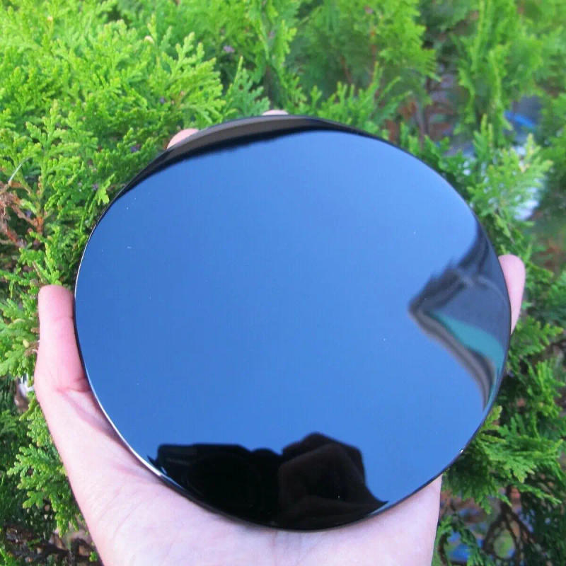 Description Picture 4 of itemHigh Quality Natural Black Obsidian Scrying Mirror Healing Crystals Stone Round Plate Witchcraft Mirror Crystal Decor With Shelf