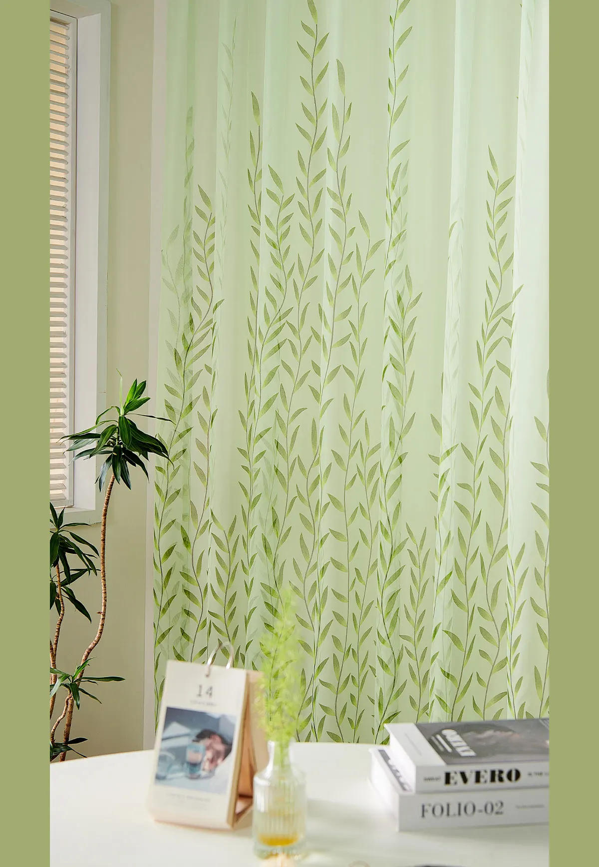 Description Picture 3 of itemLEEJOOM Tulle Curtain Transparent Screen Green Willow Leaf Curtain Offset Printing Process Window Screen  Home Decor