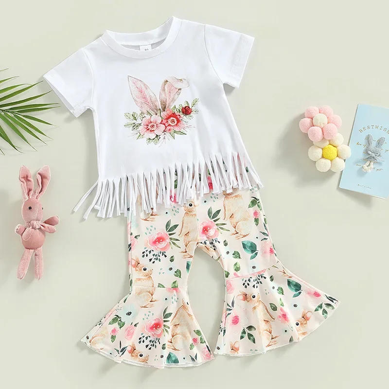 Description Picture 4 of item2025 European and American Summer Set, Girls' Easter Bunny Print Tassel Short Sleeved Trumpet Pants Two-piece Set