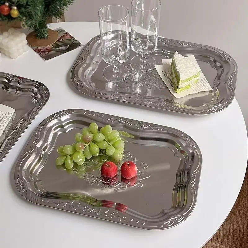 Description Picture 3 of item1PCS Stainless Steel Rectangular Tray with Embossed Design for Kitchen Living Room Storage Durable Fruit Snack Cake Serving Dish