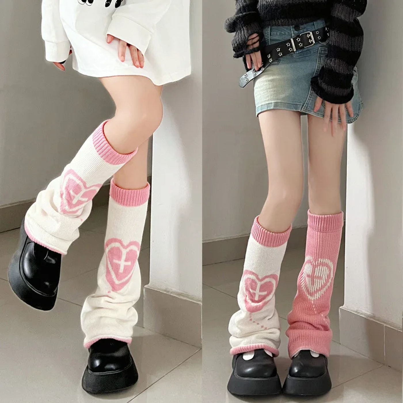 Description Picture 3 of itemY2K Heart Leg Warmers Harajuku Gothic Winter Warm Elastic Knitted Socks Japanese Women Girls JK Leg Protector Cover Stockings