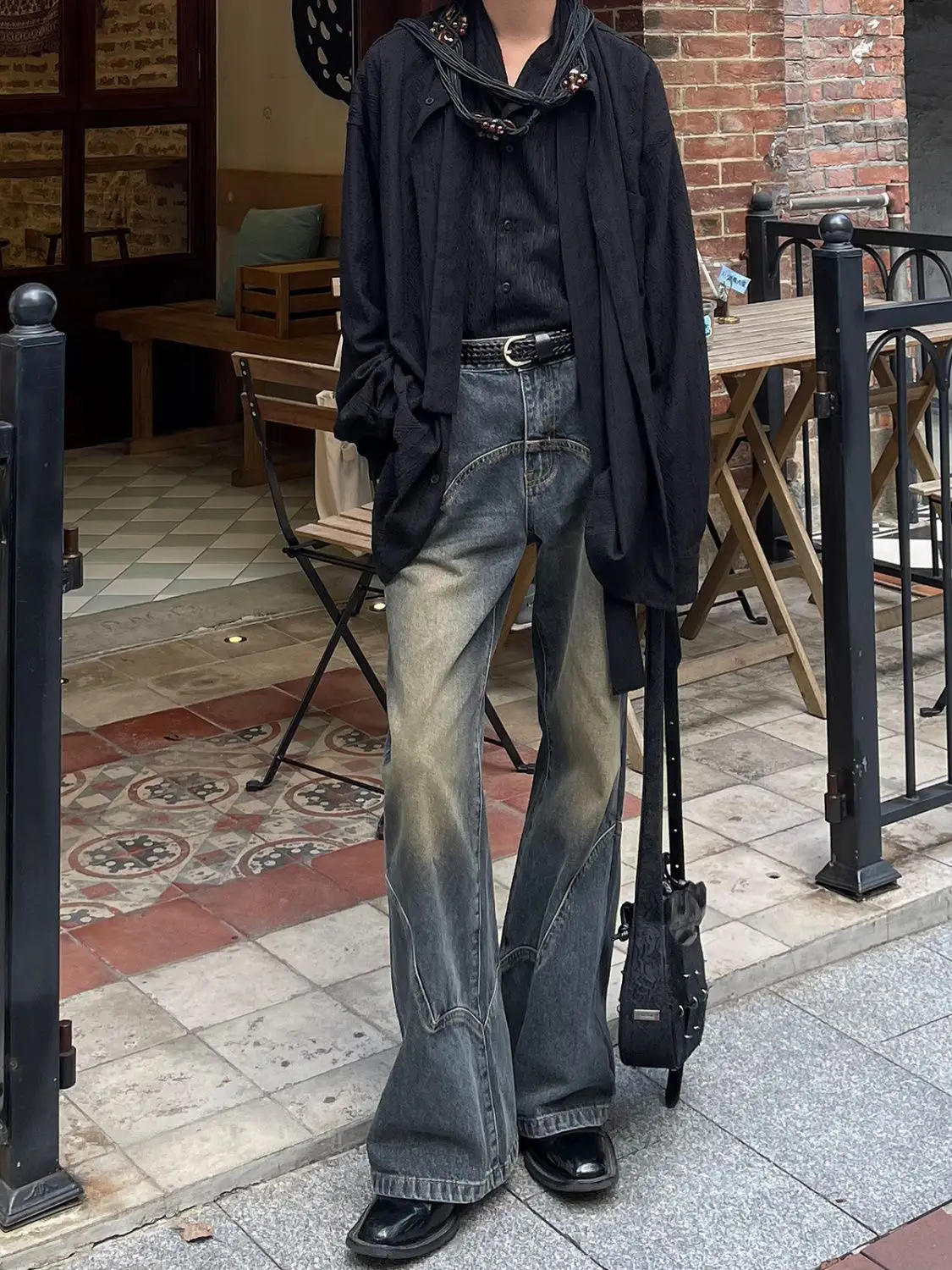 Description Picture 6 of itemAmerican Street Men and Women Trendy Retro Straight Leg Wide Leg Casual Pants Autumn Micro Flare Ragged Edge Washed Jeans y2k