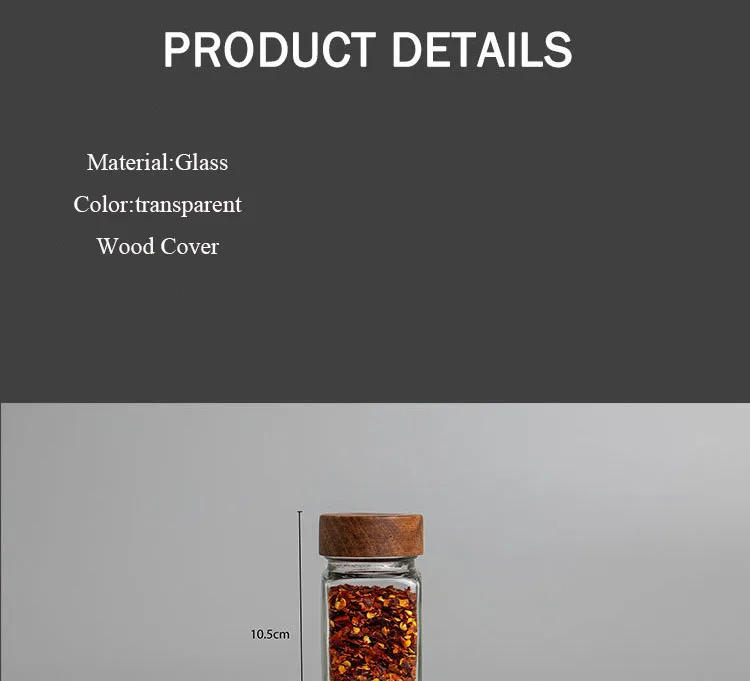 Description Picture 2 of item6pcs 120ml Wholesale Acacia Wood Cover Square Glass Jars Kitchen Seasoning Bottle Table Salt Flavor Herb & Spice Tools