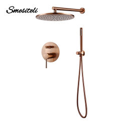 Shower Set Bath Brushed Rose Gold Rainfall Bathroom Faucet Brass Diverter Mixer Tap Hand Held 8-12" Head Wall Arm Valve Kit