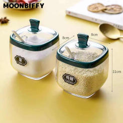 Spice Bottle Plastic Seasoning Jar Set with Spoon Salt Shaker Sugar Container Sauce Bowl Dispenser and Base Kitchen Spice Rack