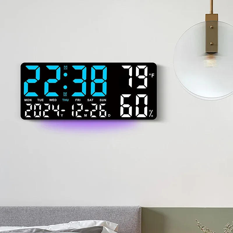 Description Picture 3 of itemDigital Wall Clock Mood Lighting Temperature Humidity Timing Countdown 2 Alarm Auto Dimmer Plug in Use LED Alarm Clock Remote