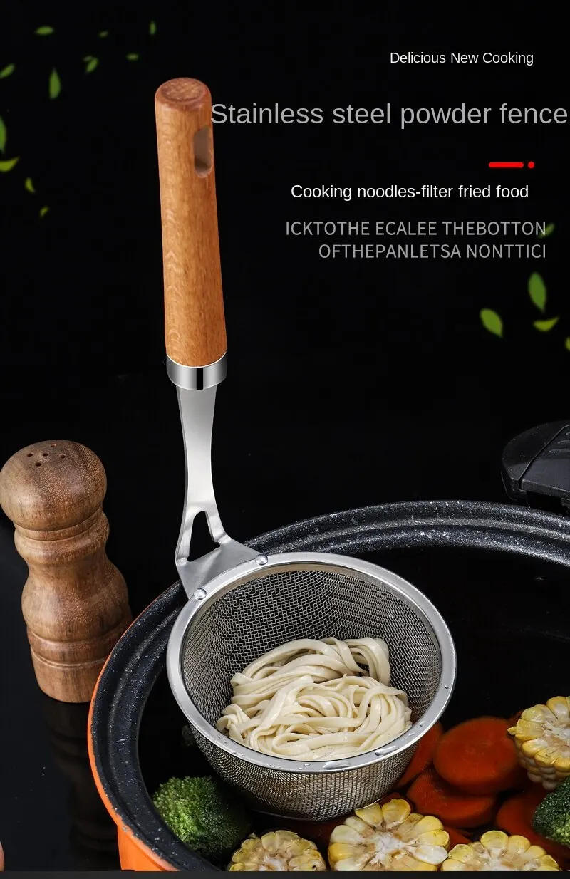 Description Picture 2 of item1pc 304 Stainless Steel Skimmer Filter Spoon Wooden Handle Hot Pot Colander Kitchen Utensils Cooking Tool Vegtables Filtering