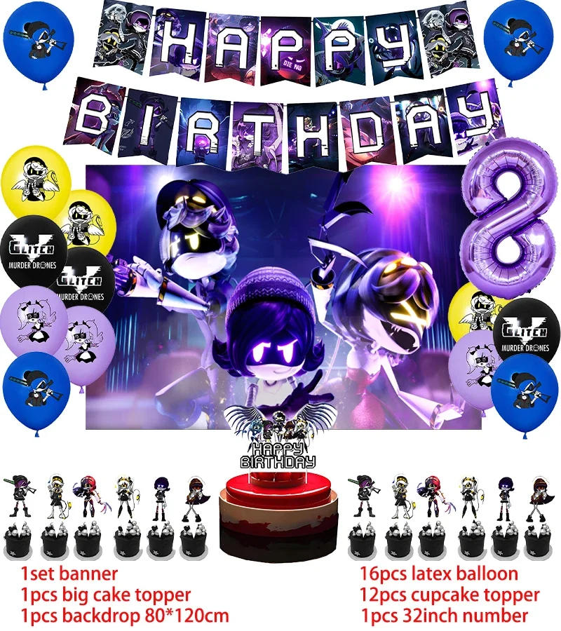 Description Picture 5 of itemMurder Drones Birthday Party Decoration Balloon Backdrop Cake Topper Murder Drones Birthday Party Supplies Baby Shower