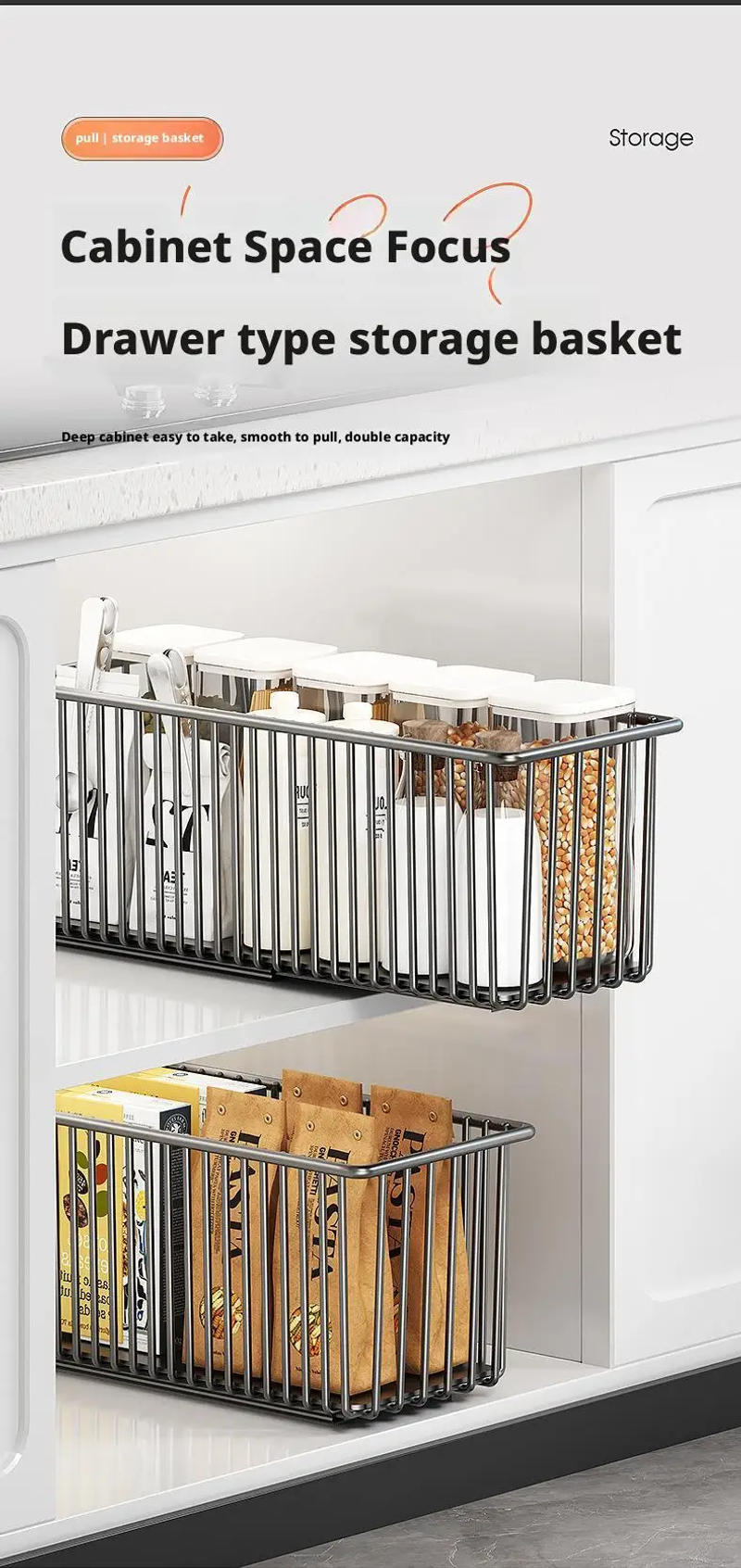 Description Picture 2 of itemPull Out Cabinet Organizer Basket Under The Sink Slide-out Drawer Storage Box Kitchen Sideboard Sliding Drawer Rack Shelf