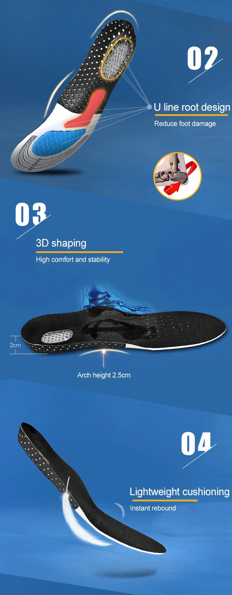 Description Picture 5 of itemSport Running Silicone Gel Insoles for feet Man Women for shoes sole orthopedic pad Massaging Shock Absorption Arch Support