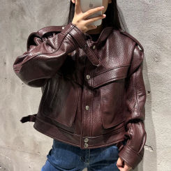 Burgundy Grained Leather Jacket Women High Quality Sheep Leather Coat Bomber Jackets Leather