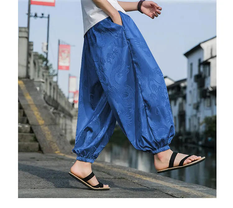 Description Picture 5 of itemMr.nut Dragon Pattern Men's Wide Leg Baggy Pants Loose Jogger Lantern Pants Unisex Ice Silk Clothing Stylish Street Trousers