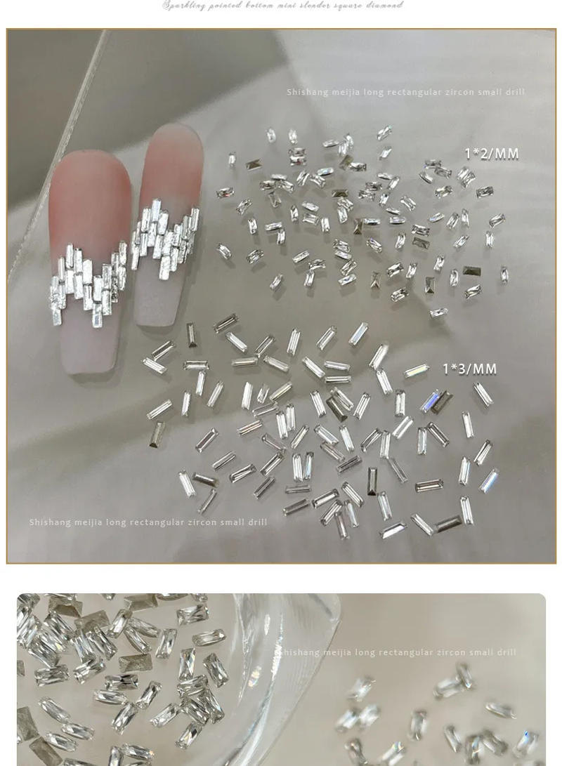 Description Picture 4 of item100PCS Reflective Sparkle 5A Mini Zircon Thin Rectangle White Diamonds Strip Nail Art Rhinestones Decorations Manicure Charms