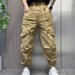 Spring New Fashion Mens Casual Cargo Pants Elastic Waist Strap Pockets Joggers Harem Pants Streetwear Long Trousers Solid Colors