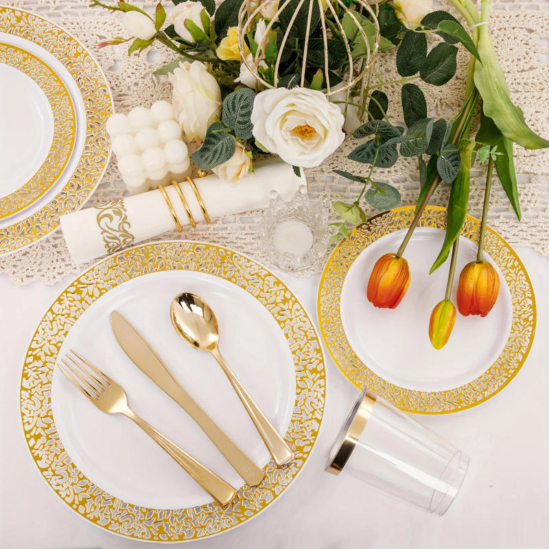 Description Picture 5 of itemElegant 100pc Golden Disposable Dinnerware Set - Perfect for Parties & Weddings, Includes Plates & Cutlery, Easy Cleanup