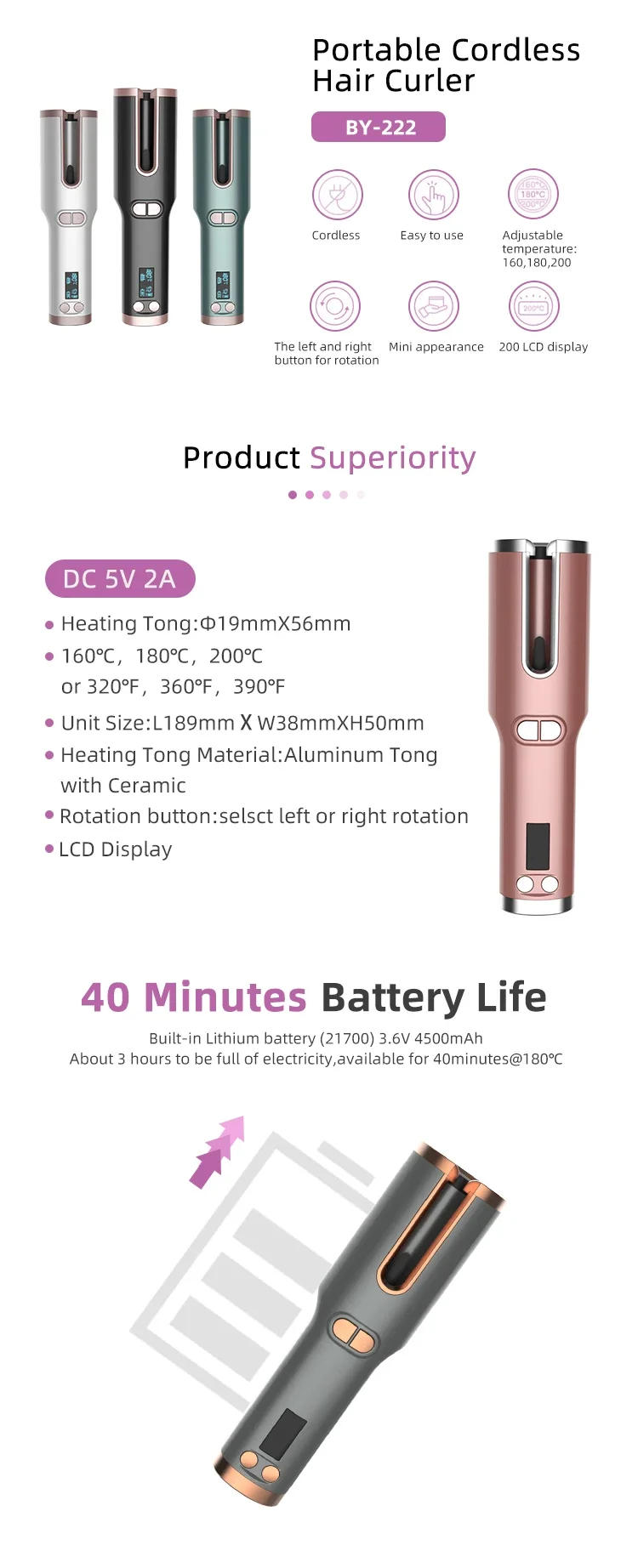 Description Picture 4 of itemHair Curling IronProfessional Wholesale USB Charging LCD Display Hair Culer Automatic Rotating Crimping Iron