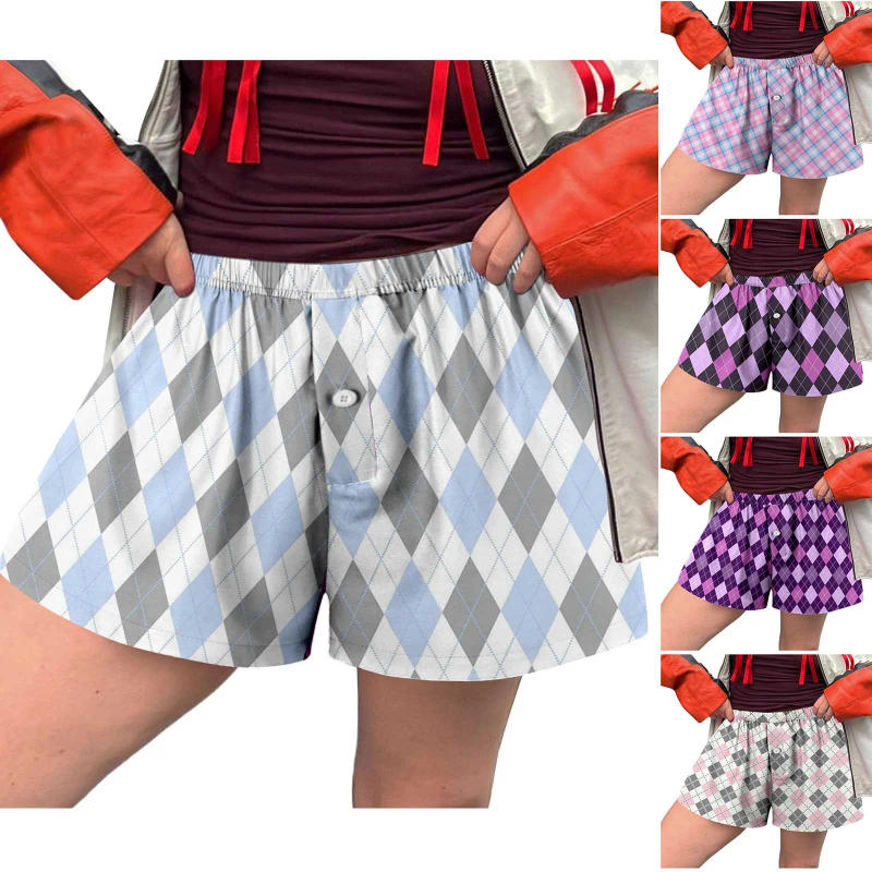Description Picture 2 of itemWomen'S Casual Short Pants New Plaid Printed Button Front Loose Shorts Pajama Bottom Spicy Girl Summer Beachwear Swim Trousers