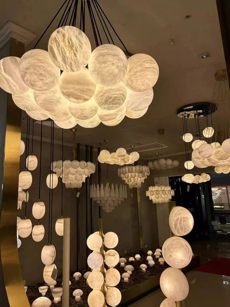 Description Picture 2 of itemG9 LED Home Deco Gold Silver Natural Marble Pendant Light Suspension Luminaire Lampen Alabaster Hanging Lamps For Living Room