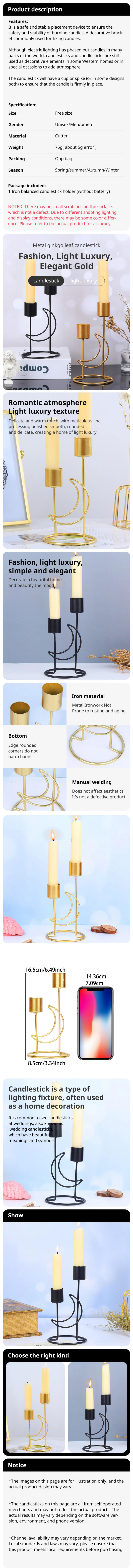 Description Picture 2 of item1pc Holder for Pillar Candles Metal Candlestick Moon Shape Stand Desktop Tealight Decoration for Dining Party Wedding
