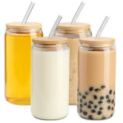 1/2/4/6pcs Glass Cup With Lid Straw 500ml Transparent Bubble Tea Cup Juice Glass Beer Can Milk Mocha Cup Breakfast Mug Drinkware