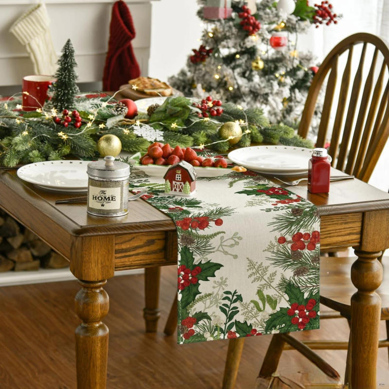 Description Picture 3 of itemChristmas Holly Pine Cone Linen Table Runners Dining Room Decor Durable Dining Table Runners Navidad Decoration Party Supplies